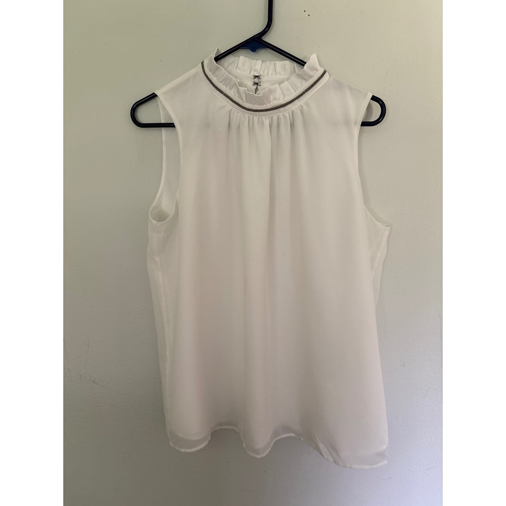 DKNY Blouse Women Large White Excellent Ruffle Mock Neck Chain Trim DW98122SB